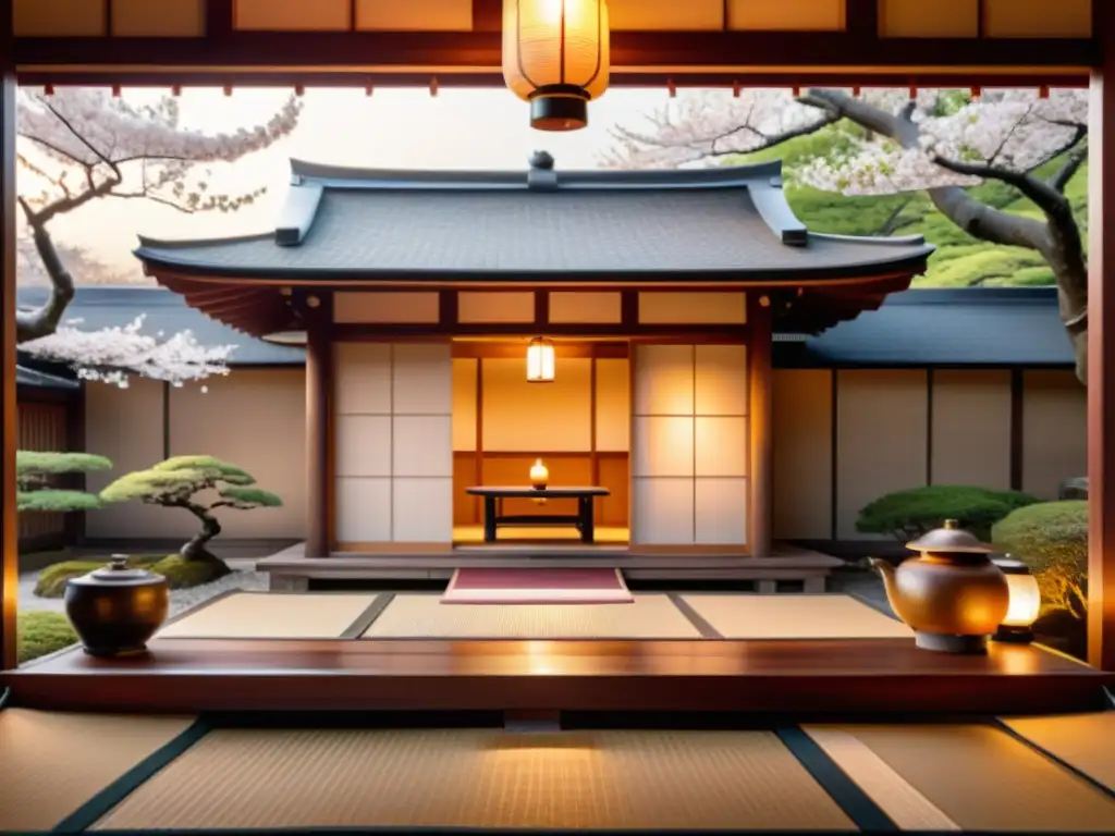 Tradicional casa de té japonesa entre cerezos en flor, destellos de luz iluminan su interior sereno