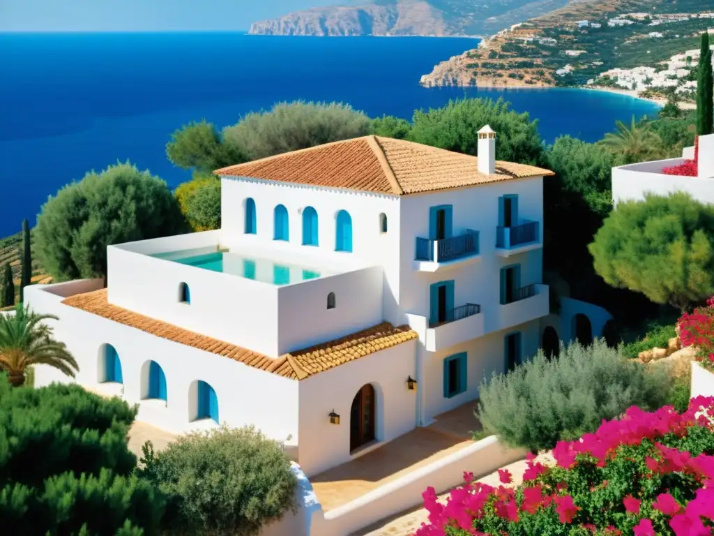 Una villa mediterránea tradicional en una colina bañada por el sol, con vistas al mar azul