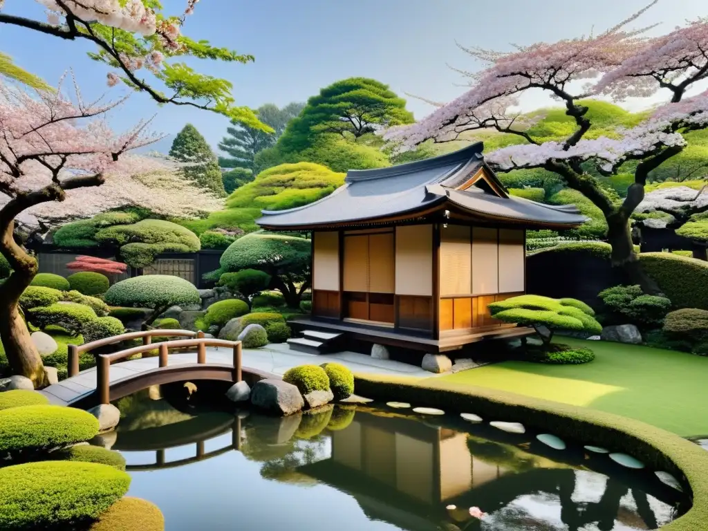 Diseño tradicional japonés feng shui en un jardín con casa de té, árboles de cerezo en flor y un estanque sereno