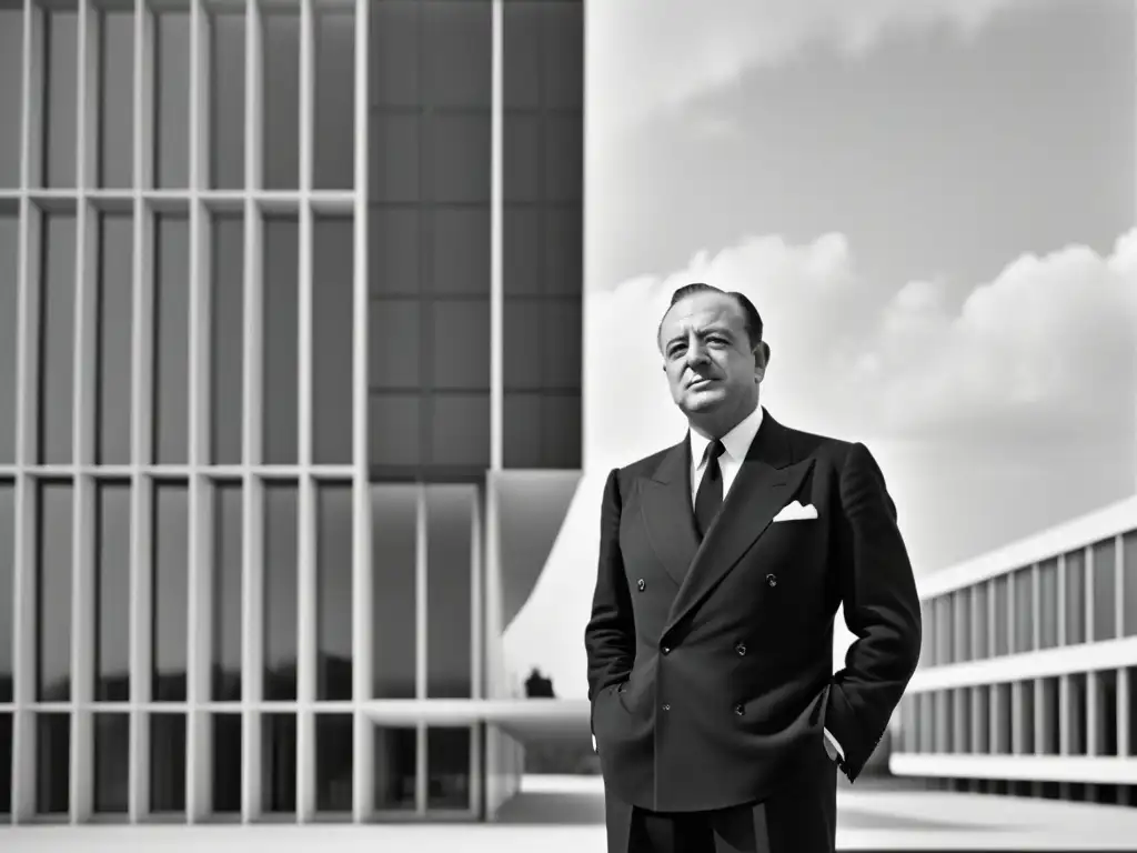 Ludwig Mies van der Rohe, en traje elegante, frente a su icónico edificio modernista, representa los Principios del Movimiento Moderno Arquitectónico