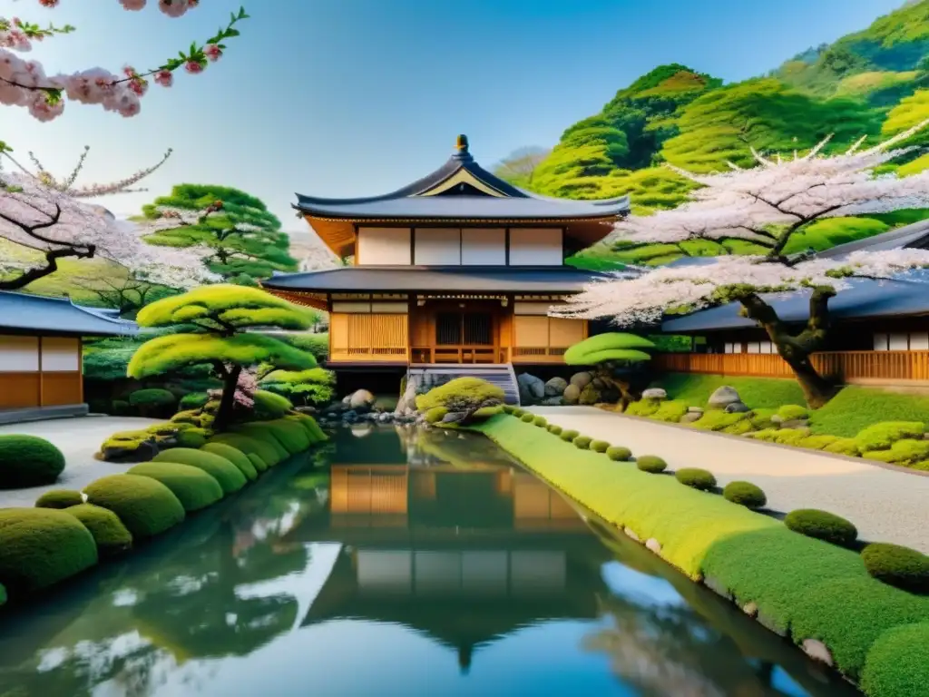 Ryokan japonés entre cerezos en flor: serenidad y elegancia Tranquilidad y belleza en un ryokan japonés rodeado de cerezos en flor y un río, reflejando la arquitectura de ryokan tradicionales japoneses