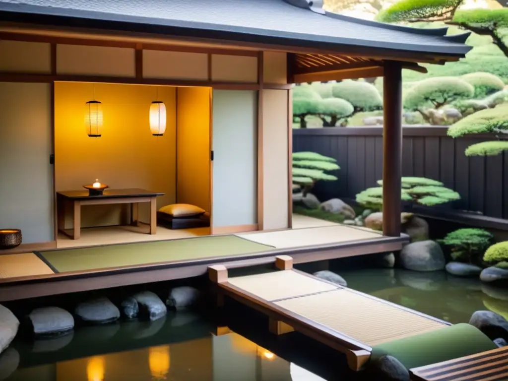 Un tranquilo jardín japonés rodea una casa de té vintage con puertas corredizas tradicionales y suelos de tatami