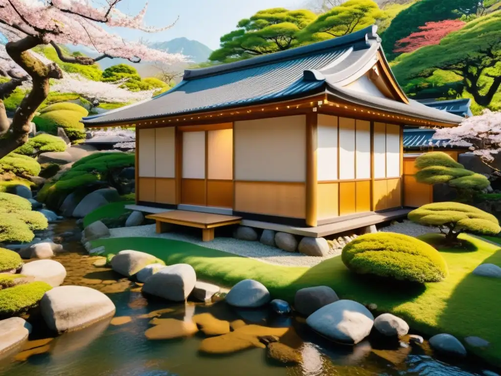 Tranquilo diseño tradicional japonés feng shui con casa de madera, jardines exuberantes y arroyo serpenteante entre árboles de cerezos en flor