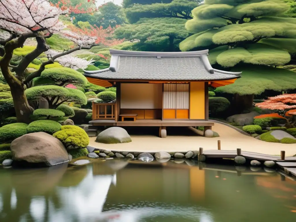 Un tranquilo jardín japonés con una antigua casa de té, principios estéticos casas de té