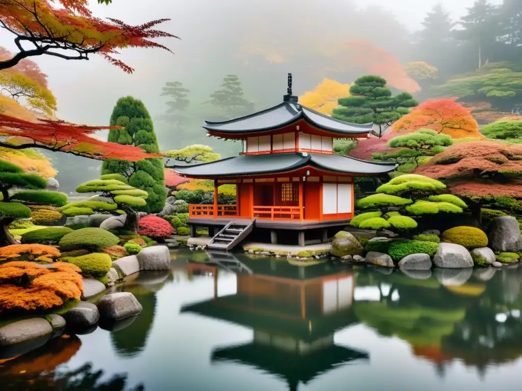 Un tranquilo jardín japonés con un teahouse tradicional rodeado de naturaleza en otoño, reflejando la influencia zen estética arquitectura japonesa