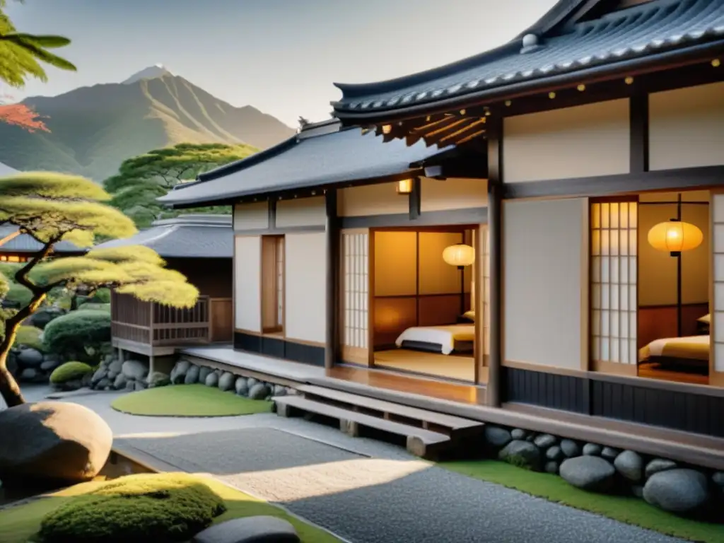Ryokan japonés al amanecer: serenidad y elegancia atemporal Tranquilo ryokan japonés con arquitectura tradicional y paisajes serenos al amanecer