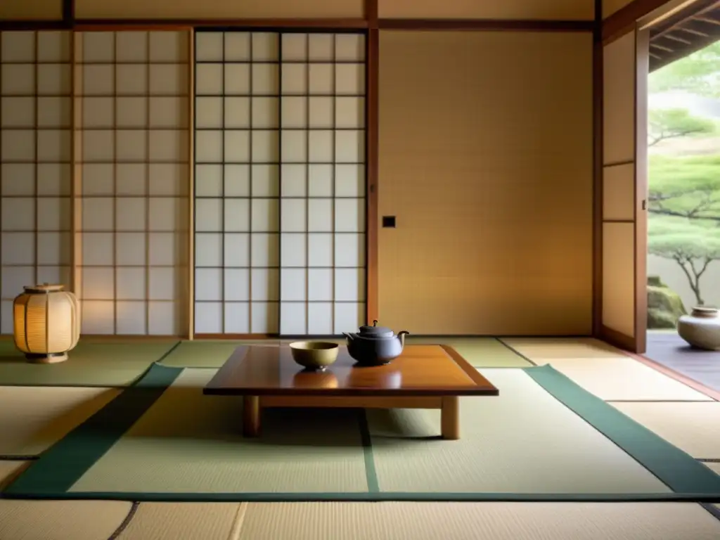 Un tranquilo salón de té japonés con influencia del minimalismo en decoración, con puertas shoji y suelo de tatami