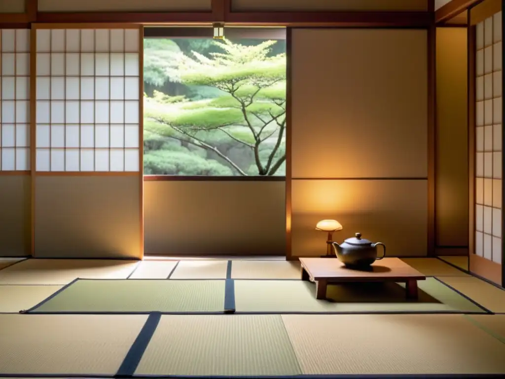 Tranquilo salón de té japonés con tatamis y decoración minimalista, iluminado por luz natural