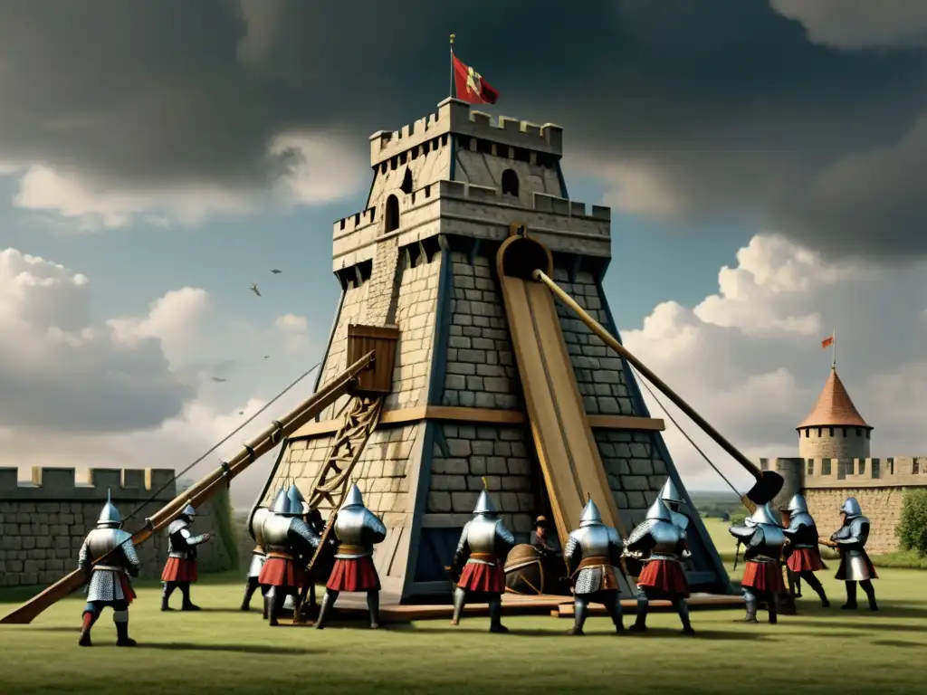 Un trebuchet medieval lanza una piedra hacia un castillo bajo un cielo dramático