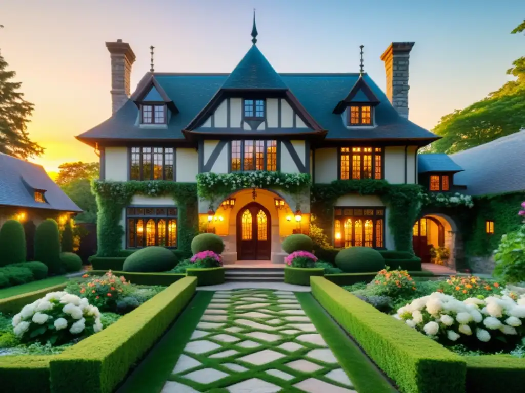 Decoración Tudor para arquitectura histórica: Mansión Tudor con jardín colorido, ventanales plomizos y encanto atemporal al atardecer