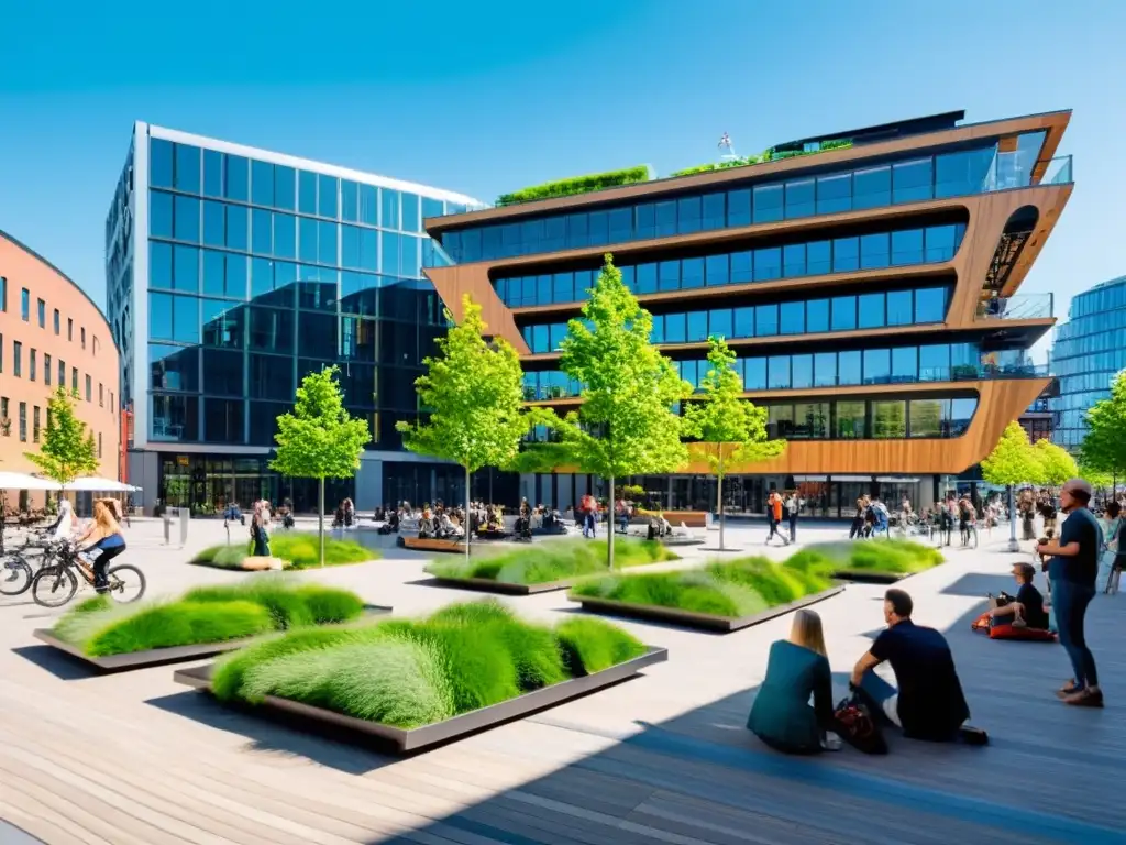 Renovación urbana sostenible en HafenCity: Plaza bulliciosa con arquitectura moderna, espacios verdes y gente disfrutando actividades al aire libre