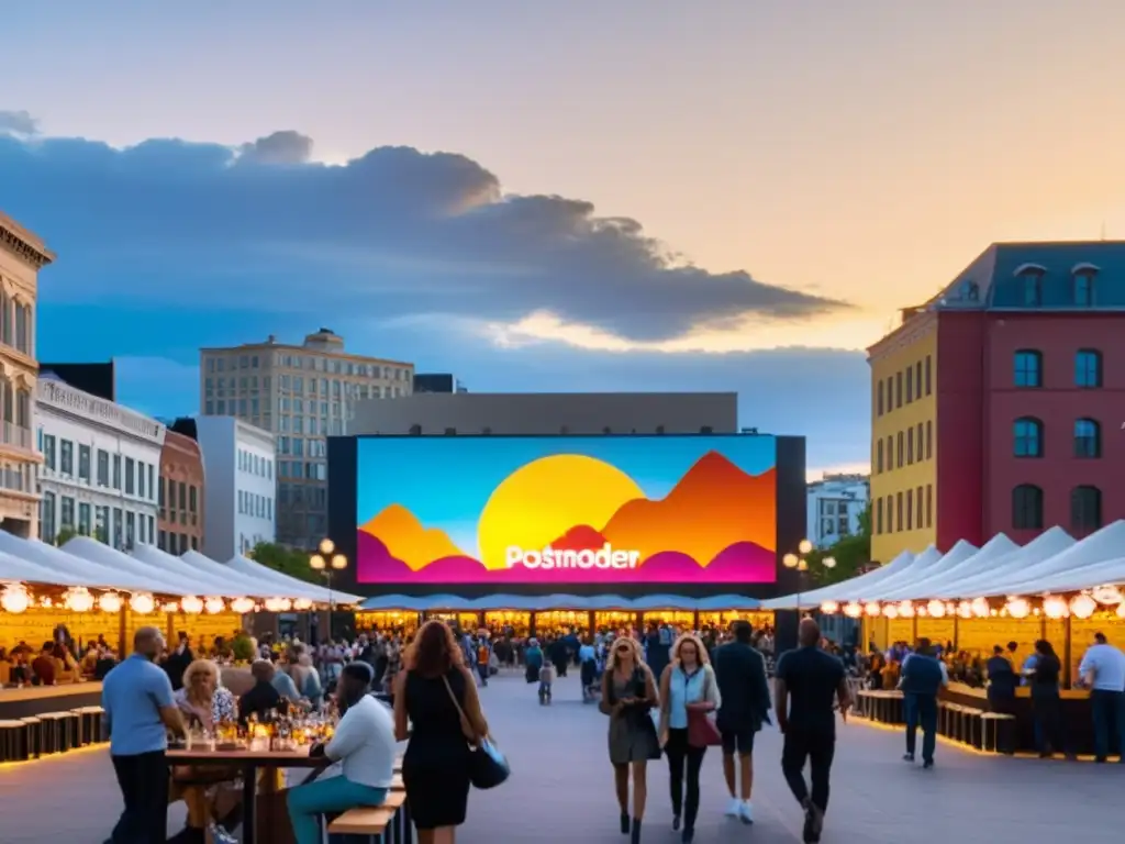 Diseño urbano postmodernista en espacios públicos: plaza bulliciosa con arquitectura vibrante, arte callejero y diversidad de actividades