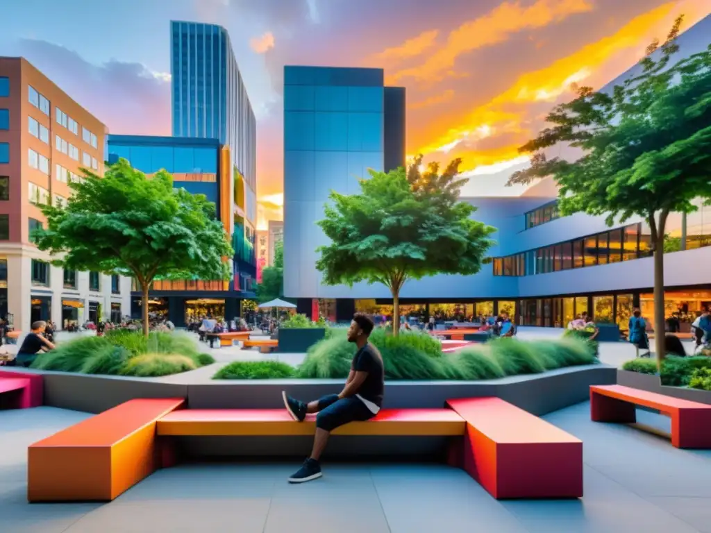 Diseño urbano postmodernista en un vibrante espacio público, fusionando arte, tecnología y naturaleza en una plaza bulliciosa al atardecer