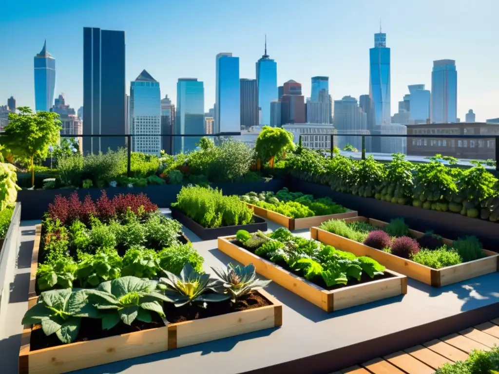 Un jardín urbano vibrante en el centro de la ciudad, con frutas, verduras y hierbas en camas elevadas