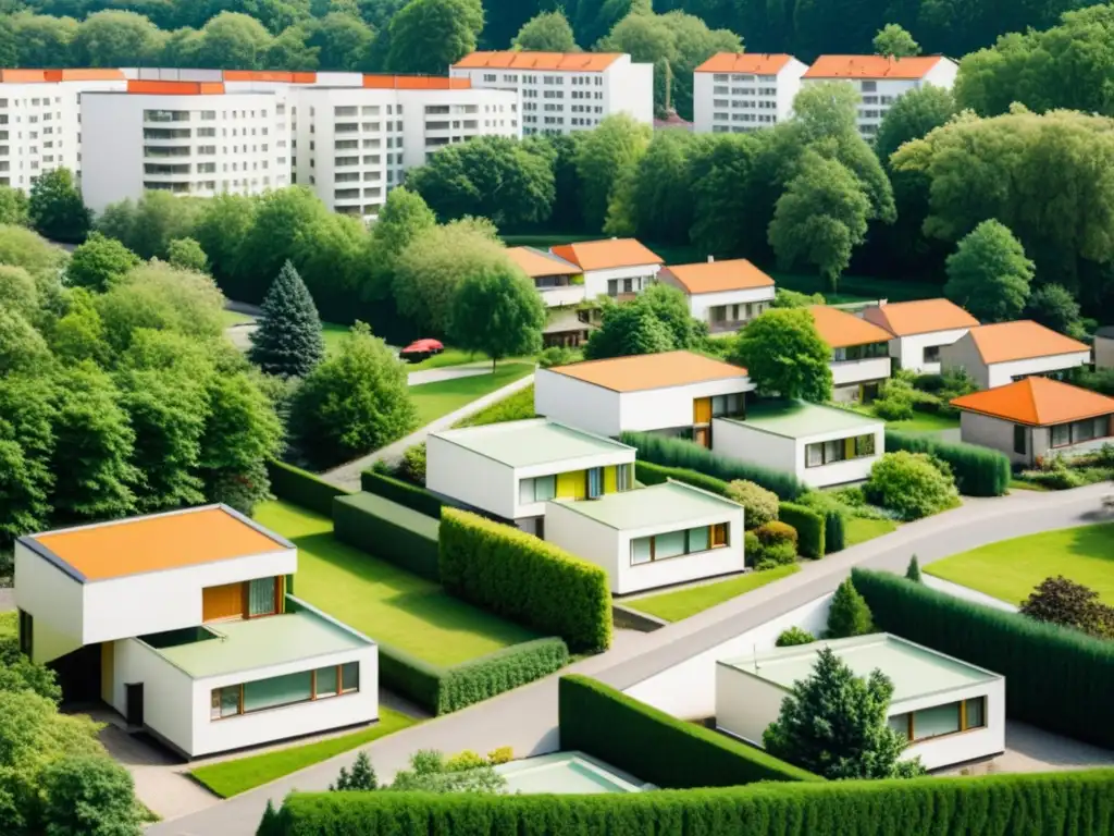 Una fotografía vintage de alta resolución muestra un vecindario suburbano en Berlín con arquitectura modernista