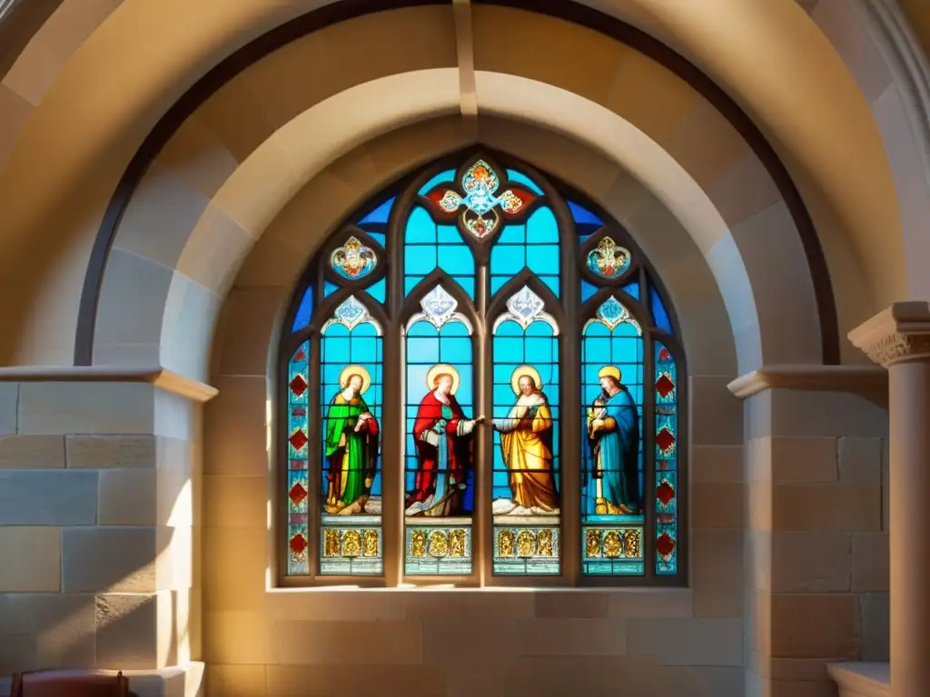 Ventana de vitral vintage en arco de piedra, maximizando luz natural en arquitectura histórica de catedral