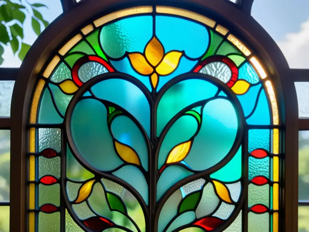 Ventana de vitral vintage con motivos florales y diseño art nouveau, reflejando la belleza de la arquitectura Art Nouveau siglo XXI