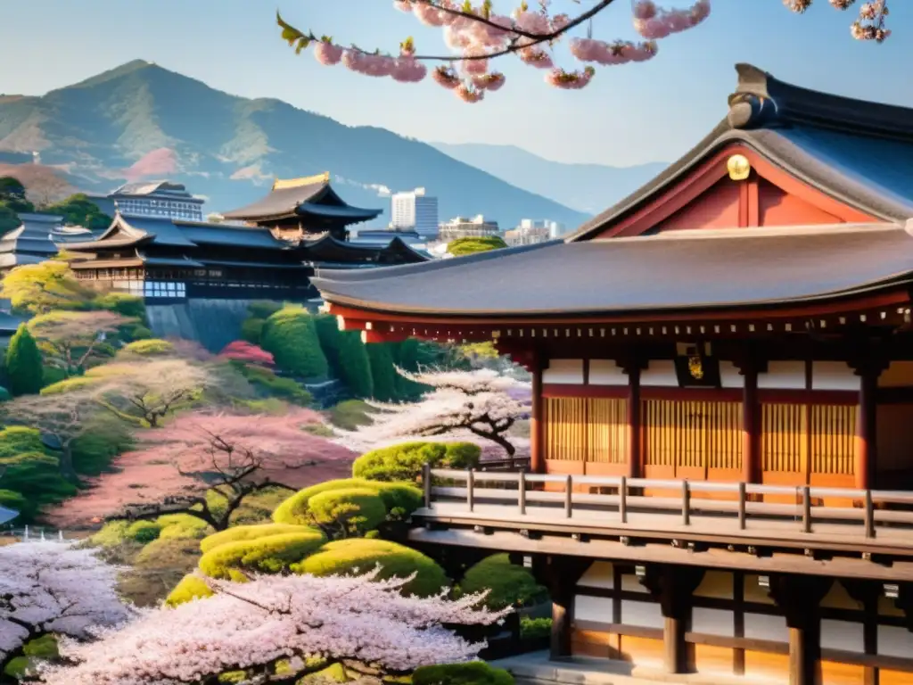 Veranda de madera del templo Kiyomizudera en Kyoto, rodeada de cerezos en flor