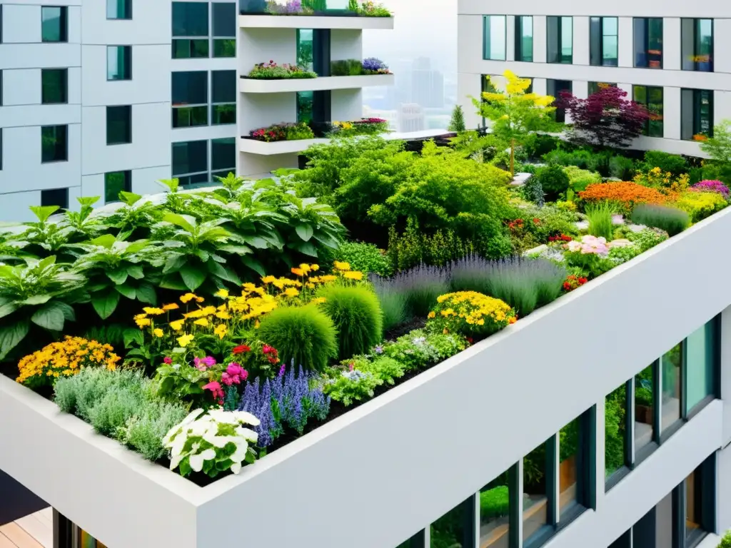 Un jardín verde exuberante en la azotea de un edificio, mostrando la integración de construcción espacios verdes sostenibles en la ciudad