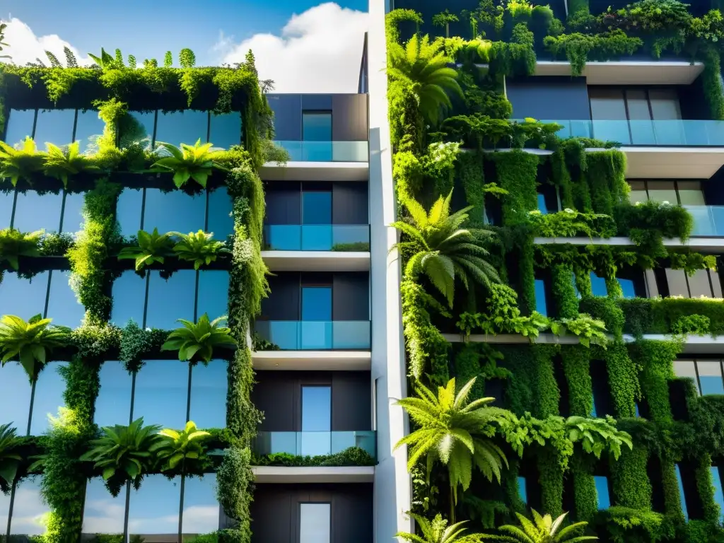 Un jardín vertical exuberante adorna un moderno rascacielos, mostrando la armonía entre la naturaleza y la arquitectura urbana