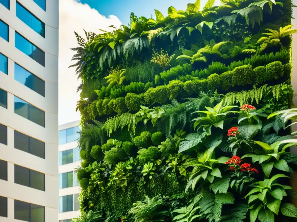 Un jardín vertical urbano con plantas exuberantes y flores vibrantes, creando un oasis natural en la arquitectura moderna