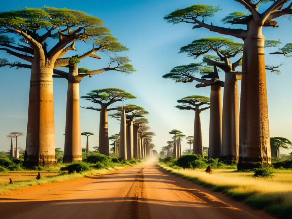 Un viaje arquitectónico por Madagascar: la icónica Avenida de los Baobabs capturada en una fotografía vintage, con árboles majestuosos y luz cálida