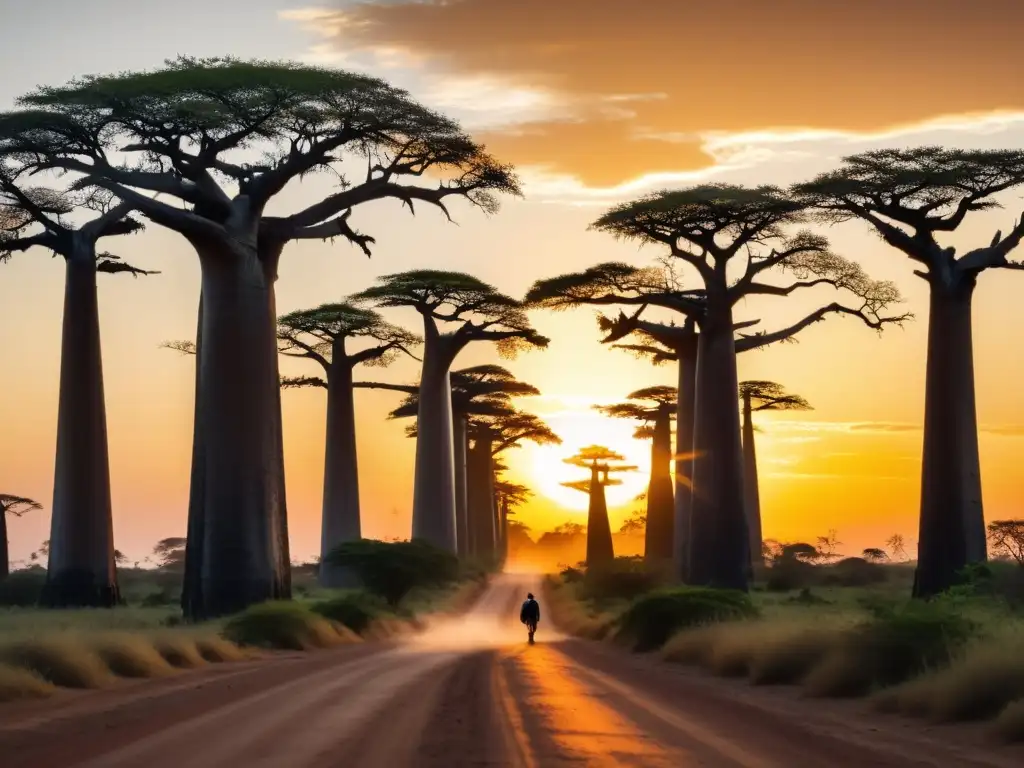 Un viaje visual a través del icónico y majestuoso Allée des Baobabs en Madagascar, bajo un atardecer dorado