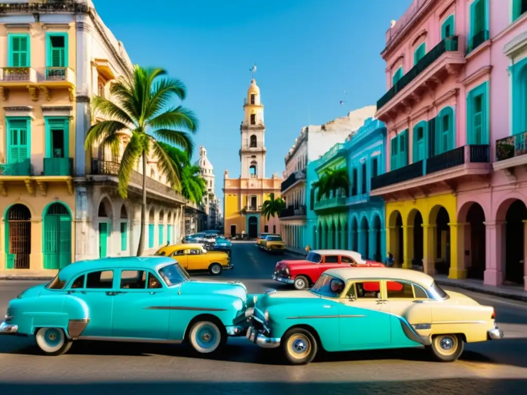 Vibrante arquitectura colonial en La Habana: calles empedradas, fachadas pastel, balcones de hierro forjado y coches clásicos de los 50