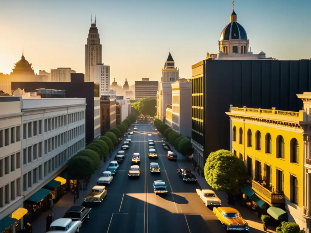 Un vibrante atardecer en una ciudad satélite vintage, con edificios de mediados de siglo, avenidas arboladas y una atmósfera de encanto atemporal