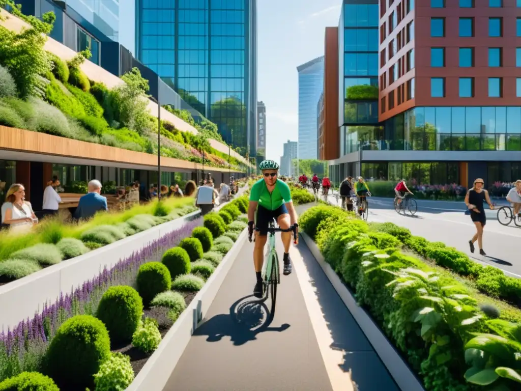 Vibrante calle urbana con ciclistas y arquitectura sostenible, promoviendo la movilidad urbana