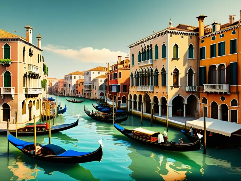 Venecia en el siglo XV: Canales animados y arquitectura gótica Vibrante ilustración de canales venecianos del siglo XV con arquitectura gótica, góndolas y bulliciosa actividad urbana