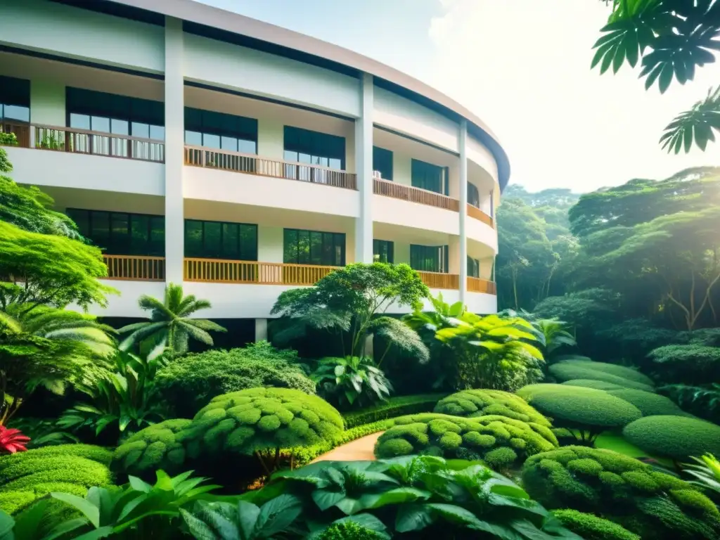 Vibrante vegetación rodeando el Centro Educación Ambiental Singapur, con un toque nostálgico y armonía atemporal entre naturaleza y arquitectura