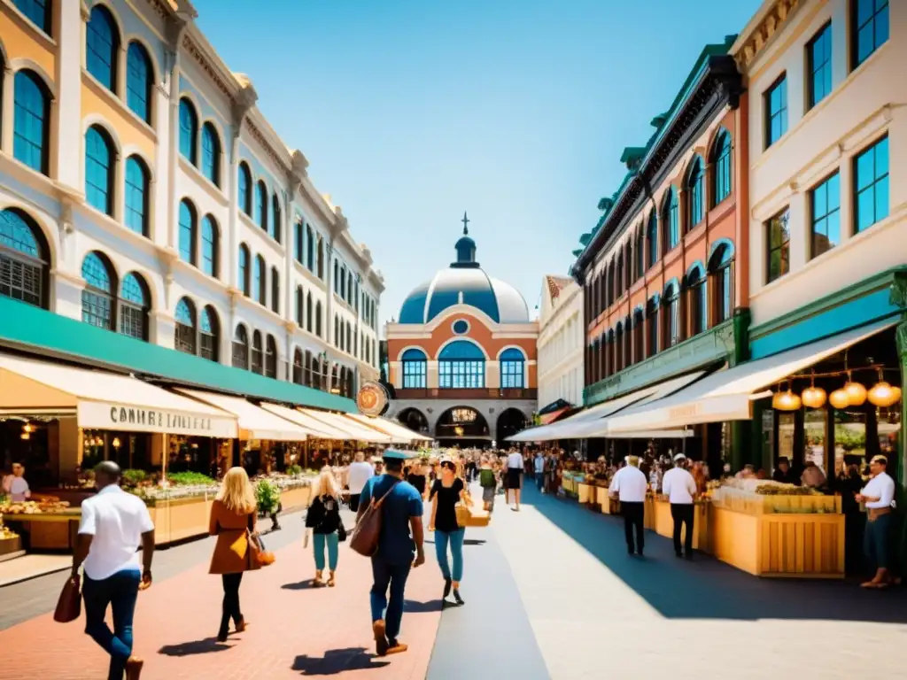 Un vibrante centro comercial urbano transformado con una mezcla encantadora de arquitectura histórica y diseño moderno