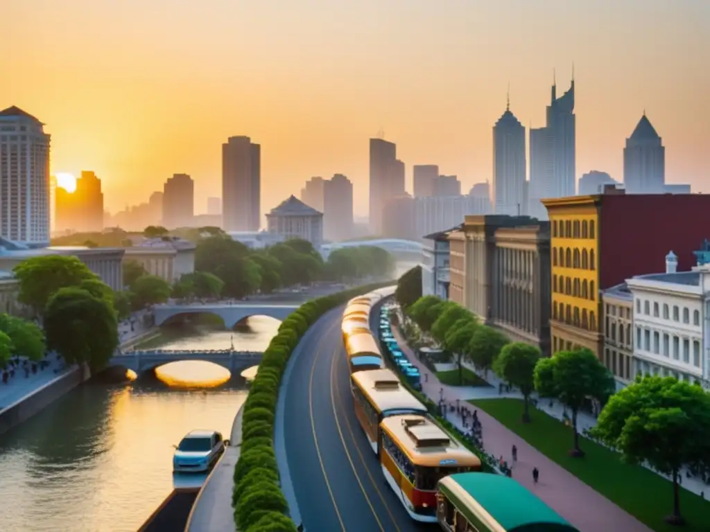 Vibrante ciudad al atardecer con arquitectura vintage y moderna, parques verdes y río