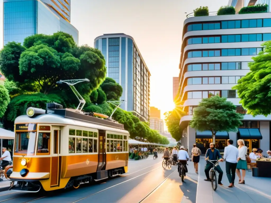 Vibrante ciudad sostenible con tranvías vintage, bicicletas, rascacielos modernos y naturaleza