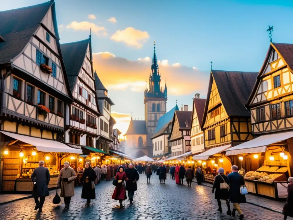 Vibrante escena de una bulliciosa calle medieval con mercaderes y coloridos edificios de arquitectura épocas históricas ciudades medievales