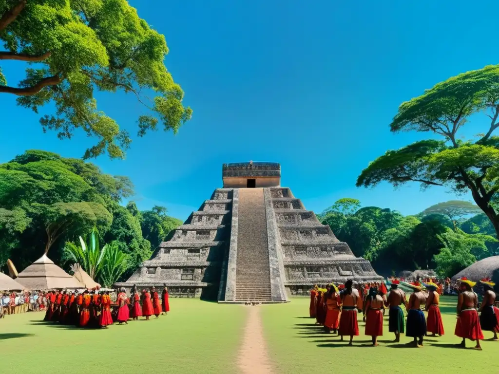 Vibrante escena de espacios ceremoniales precolombinos, con danzas rituales y chamanes entre ruinas y exuberante vegetación