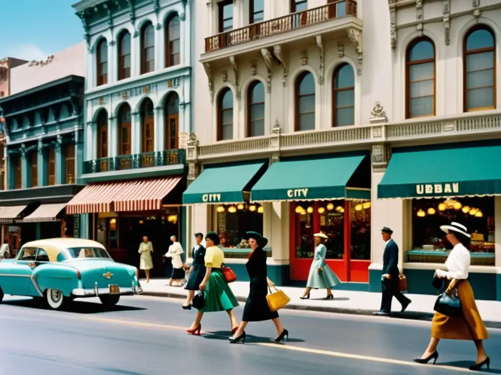 Vibrante escena urbana de los años 50 con mujeres elegantes y autos vintage