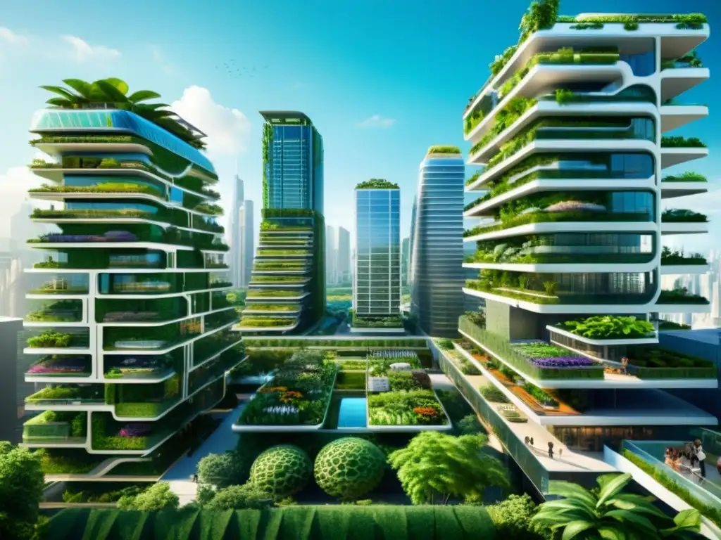 Vibrante integración biodiversidad arquitectura futura en paisaje urbano futurista con rascacielos y exuberante vegetación