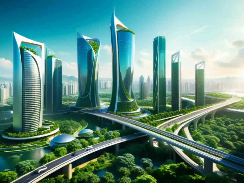 Vibrante metrópolis futurista con rascacielos giratorios y naturaleza exuberante