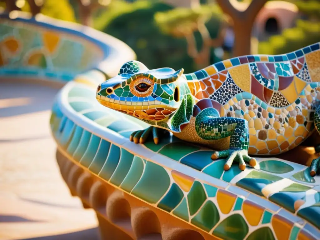 Vibrante mosaico y escultura de lagarto de Gaudí en Park Güell, evocando la Ruta arquitectónica Barcelona Gaudí con encanto vintage