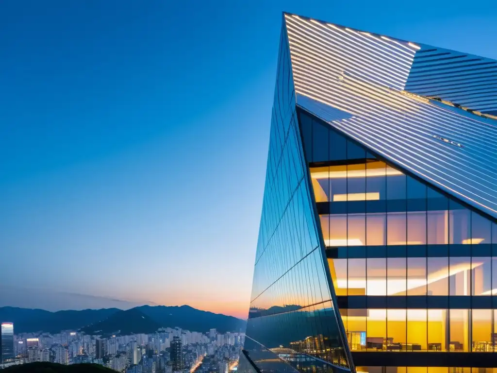 Vibrante neofuturismo en Seúl, Corea del Sur: atardecer cálido ilumina edificio ultramoderno con reflejos metálicos y energía urbana