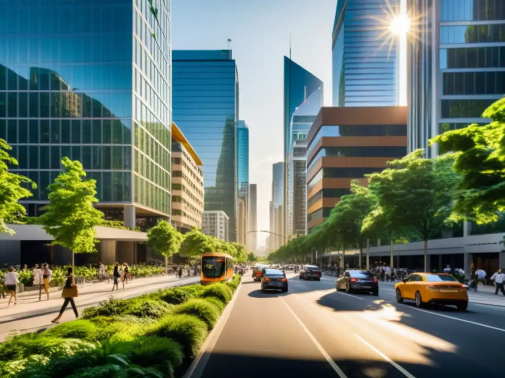 Vibrante paisaje urbano con rascacielos, calles concurridas y naturaleza exuberante