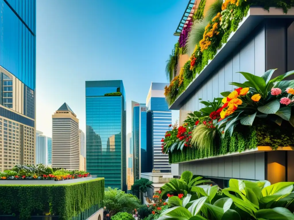 Vibrantes jardines de pared en arquitectura urbana moderna, con plantas y flores contrastando con rascacielos de cristal