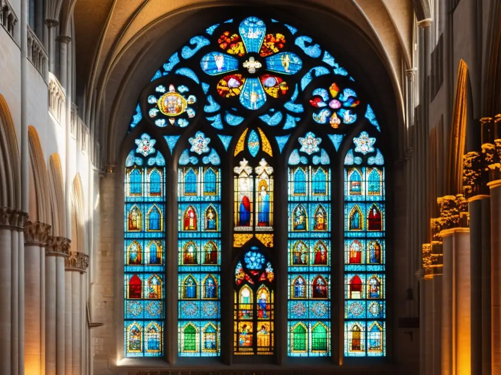 Vibrantes vitrales de la Catedral de Chartres iluminados por el sol, creando una atmósfera etérea