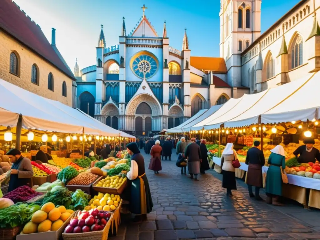 Vida cotidiana en la Edad Media: bullicioso mercado medieval con frutas, artesanías, catedrales y gente en las calles empedradas