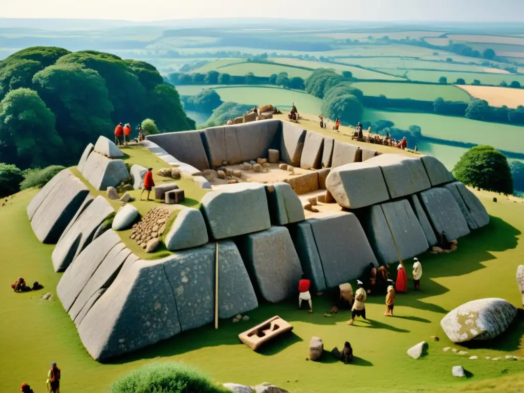 Vida cotidiana en la era de los megalitos: Antigua construcción megalítica con intrincadas decoraciones y gente usando herramientas primitivas