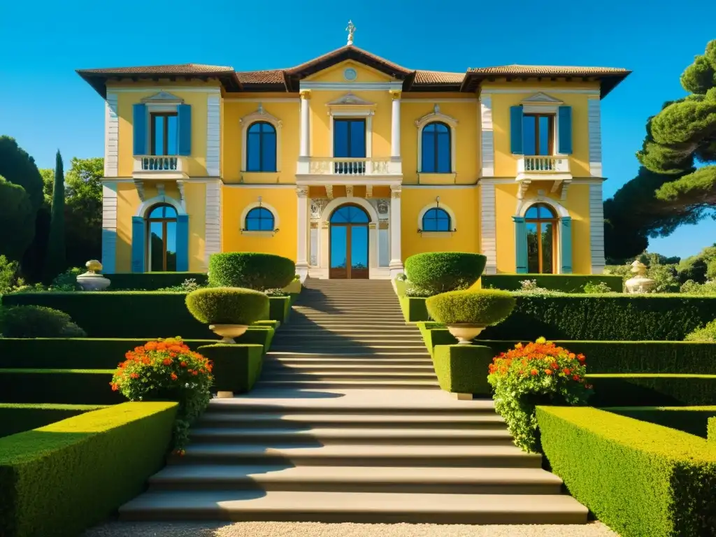 Una villa del Primer Renacimiento, con columnas ornamentadas, ventanas arqueadas y jardines exuberantes