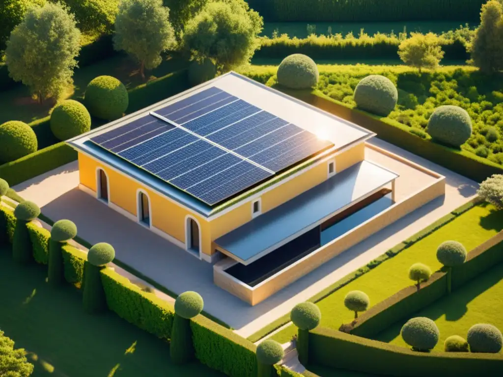 Una villa romana antigua con paneles solares integrados en su arquitectura, rodeada de exuberante vegetación