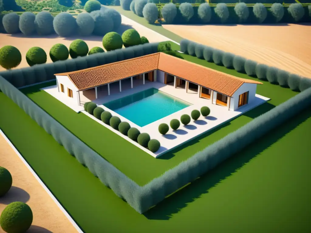 Villa romana con autosuficiencia energética en su arquitectura histórica, destacando su diseño sostenible y atmósfera atemporal